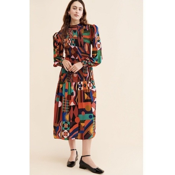 FARM Rio Dresses & Skirts - Farm Rio Dress Womens Small Tropical Geo Smocked Midi High Neck Puff Sleeve